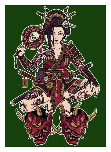 Oni Queen: The Irezumi Geisha Warrior - Japanese geisha shirt, Oni mask graphic tee, Irezumi tattoo apparel, Samurai warrior streetwear, Yakuza aesthetic clothing, Neo traditional tattoo design, Dark Japanese folklore, Edgy alternative fashion, Katana sword girl merch, Demon queen graphic - Artprint