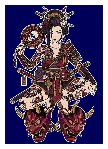 Oni Queen: The Irezumi Geisha Warrior - Japanese geisha shirt, Oni mask graphic tee, Irezumi tattoo apparel, Samurai warrior streetwear, Yakuza aesthetic clothing, Neo traditional tattoo design, Dark Japanese folklore, Edgy alternative fashion, Katana sword girl merch, Demon queen graphic - Artprint