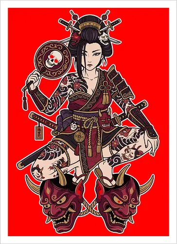 Oni Queen: The Irezumi Geisha Warrior - Japanese geisha shirt, Oni mask graphic tee, Irezumi tattoo apparel, Samurai warrior streetwear, Yakuza aesthetic clothing, Neo traditional tattoo design, Dark Japanese folklore, Edgy alternative fashion, Katana sword girl merch, Demon queen graphic - Artprint