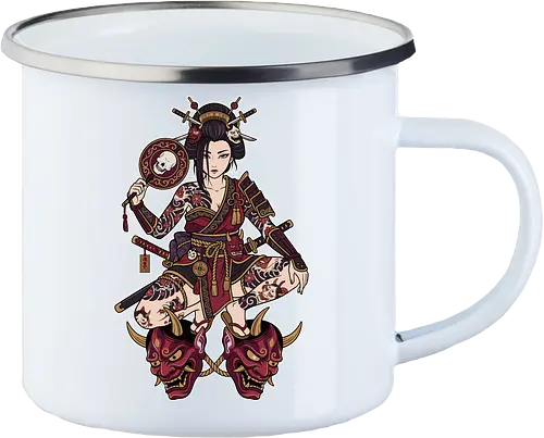 Oni Queen: The Irezumi Geisha Warrior - Japanese geisha shirt, Oni mask graphic tee, Irezumi tattoo apparel, Samurai warrior streetwear, Yakuza aesthetic clothing, Neo traditional tattoo design, Dark Japanese folklore, Edgy alternative fashion, Katana sword girl merch, Demon queen graphic - Enamel Mug