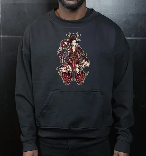 Oni Queen: The Irezumi Geisha Warrior - Japanese geisha shirt, Oni mask graphic tee, Irezumi tattoo apparel, Samurai warrior streetwear, Yakuza aesthetic clothing, Neo traditional tattoo design, Dark Japanese folklore, Edgy alternative fashion, Katana sword girl merch, Demon queen graphic - Cropped Sweatshirt