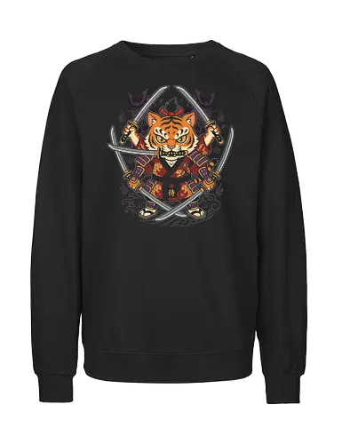 Five-Blade Fury: The Tiger Ronin - Tiger samurai shirt, anime swordsman graphic tee, five sword style apparel, Japanese streetwear clothing, fierce kawaii animal tee, shonen manga fashion, katana sword graphic, neo traditional Japanese design, ronin tiger merchandise, anime parody streetwear - Fairtrade Sweatshirt