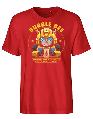 Bubble Bee Boba Tea – Lustige, niedliche Roboter-Parodie - Bumblebee, Transformers, Boba, Bubble Tea, Robot, Autobot, Cute, Kawaii, Funny, Parody, 80s, Nostalgia, Cartoon, Beverage, Bee - Fairtrade T-Shirt