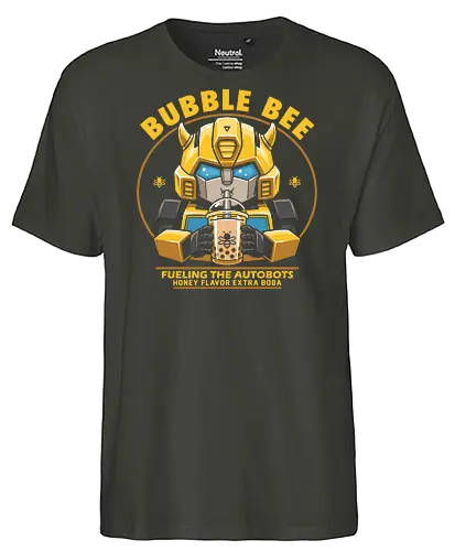 Bubble Bee Boba Tea – Lustige, niedliche Roboter-Parodie - Bumblebee, Transformers, Boba, Bubble Tea, Robot, Autobot, Cute, Kawaii, Funny, Parody, 80s, Nostalgia, Cartoon, Beverage, Bee - Fairtrade T-Shirt