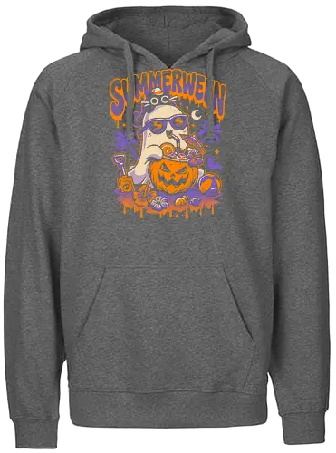 Summerween Beach Day - Ghost and Cat - ghost, summerween, beach, black cat, halloween, spooky cute, pumpkin, vacation, holiday, spooky season, summer, funny, horror, holidays, relaxing - Fairtrade Hoodie