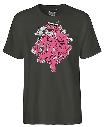 Verschlungener Rosa Panther - Chill Retro Underground Cartoon - rosa Panther Kunst, Retro Cartoon, Chill Kunst, verschlungener Panther, Underground Cartoon, Lofi Druck, rosa Charakter, alternative Kunst, klassischer Cartoon, Retro Geek Druck, 60er Pop Art, stilvoller Charakter, urbaner Druck, entspannter Cartoon, Popkultur Kunst - Fairtrade T-Shirt