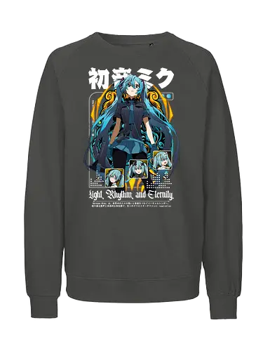 Light Rhythm Eternity - Hatsune Miku, vocaloid, miku dark outfit, virtual singer, anime girl teal hair, vocaloid merch, miku poster art, light rhythm eternity, vocaloid fan art - Fairtrade Sweatshirt