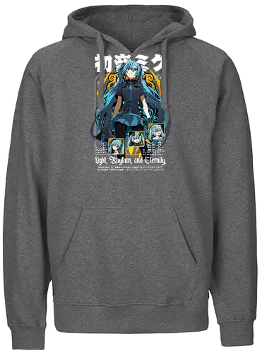 Light Rhythm Eternity - Hatsune Miku, vocaloid, miku dark outfit, virtual singer, anime girl teal hair, vocaloid merch, miku poster art, light rhythm eternity, vocaloid fan art - Fairtrade Hoodie