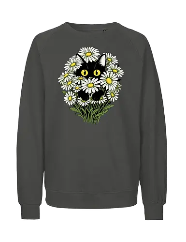 Botanical Cat - cat, black, botanical, flowers, floral, daisy, cottagecore, nature, garden, spring, cute, kawaii, animal, feline, pet, vintage, retro, aesthetic, cozy, forest, bloom, green, minimal, whimsical, illustration, art, charming, peaceful, nursery - Fairtrade Sweatshirt