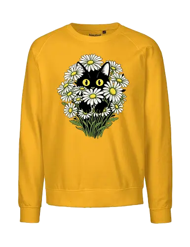 Botanical Cat - cat, black, botanical, flowers, floral, daisy, cottagecore, nature, garden, spring, cute, kawaii, animal, feline, pet, vintage, retro, aesthetic, cozy, forest, bloom, green, minimal, whimsical, illustration, art, charming, peaceful, nursery - Fairtrade Sweatshirt
