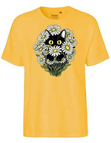 Botanical Cat - cat, black, botanical, flowers, floral, daisy, cottagecore, nature, garden, spring, cute, kawaii, animal, feline, pet, vintage, retro, aesthetic, cozy, forest, bloom, green, minimal, whimsical, illustration, art, charming, peaceful, nursery - Fairtrade T-Shirt