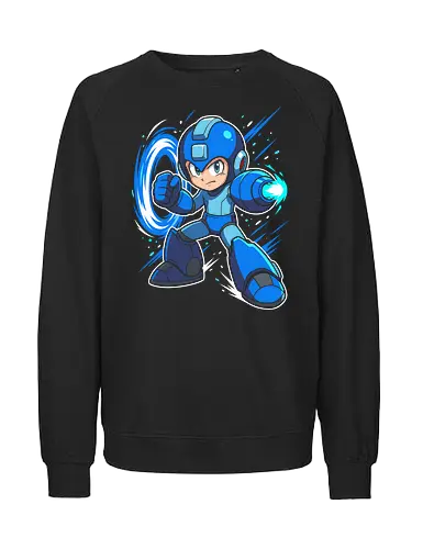 Mega Buster: The Blue Bomber - Mega Man shirt, retro gaming graphic tee, blue bomber apparel, classic arcade streetwear, 8-bit nostalgic clothing, robot hero design, video game pop art, Capcom inspired tee, action gamer merch, vintage pixel art fashion - Fairtrade Sweatshirt