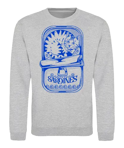 Sardines - cat, sardines, fish, feline, pet, cute, kawaii, funny, humor, vintage, retro, food, seafood, ocean, marine, graphic, illustration, classic, nostalgia, quirky, blue, animal, design, cozy, creative, sticker, streetwear, collector, playful, minimal - Sweatshirt