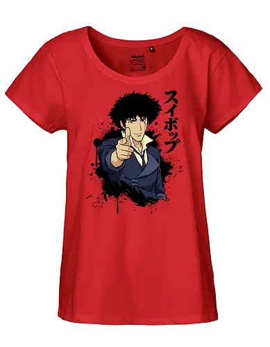 Space Cowboy's Farewell - space cowboy graphic, anime finger gun design, retro 90s anime apparel, edgy otaku streetwear, Japanese text anime shirt, classic sci-fi manga clothing, ink splatter anime art, vintage anime fashion, Spike shirt, Cowboy tee - Fairtrade Girl Shirt
