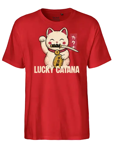Lucky Catana - catana, katana, cat, lucky cat, waving cat, cats, katana cat, maneki neko, Japanese, Japan - Fairtrade T-Shirt
