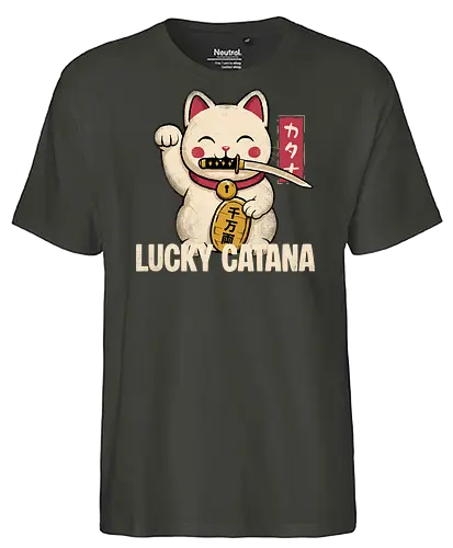 Lucky Catana - catana, katana, cat, lucky cat, waving cat, cats, katana cat, maneki neko, Japanese, Japan - Fairtrade T-Shirt