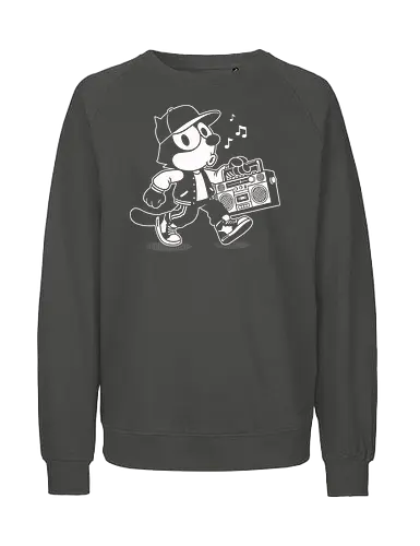 Hip Hop Cat - hiphop, streetwear, urban, cat, music, rapper, rap, boombox, radio, dj, breakdance, bboy, graffiti, retro, vintage, oldschool, classic, street, cute, kawaii, animal, feline, illustration, graphic, monochrome, black, nostalgia, culture, style, vinyl - Fairtrade Sweatshirt