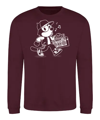 Hip Hop Cat - hiphop, streetwear, urban, cat, music, rapper, rap, boombox, radio, dj, breakdance, bboy, graffiti, retro, vintage, oldschool, classic, street, cute, kawaii, animal, feline, illustration, graphic, monochrome, black, nostalgia, culture, style, vinyl - Sweatshirt