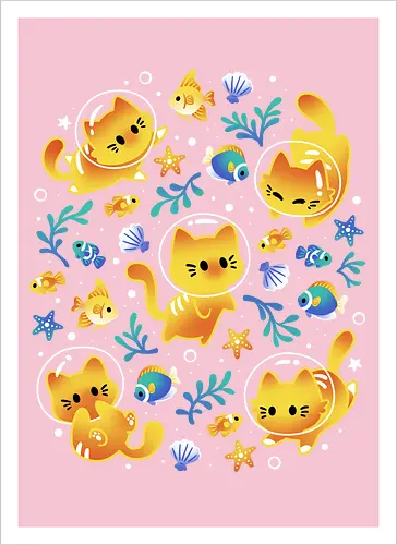 Kittens of the Sea – Cats and Fish - Artprint