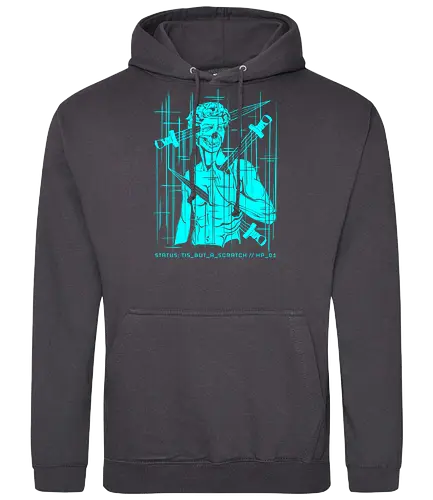 STATUS: TIS_BUT_A_SCRATCH // holy_grail.log - cyberpunk, gaming, gamer humor, tis but a scratch, 1 hp, dark art, glitch art, michelangelo david, geek, nerd, rrg.exe, system error, tech cynic, computer bug, vaporwave greece - Standard Hoodie