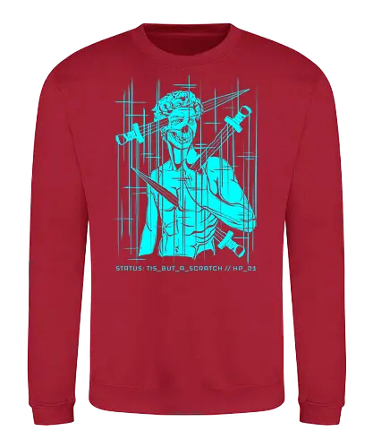 STATUS: TIS_BUT_A_SCRATCH // holy_grail.log - cyberpunk, gaming, gamer humor, tis but a scratch, 1 hp, dark art, glitch art, michelangelo david, geek, nerd, rrg.exe, system error, tech cynic, computer bug, vaporwave greece - Sweatshirt