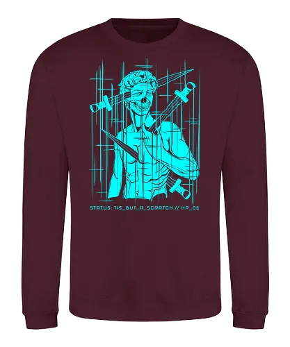 STATUS: TIS_BUT_A_SCRATCH // holy_grail.log - cyberpunk, gaming, gamer humor, tis but a scratch, 1 hp, dark art, glitch art, michelangelo david, geek, nerd, rrg.exe, system error, tech cynic, computer bug, vaporwave greece - Sweatshirt