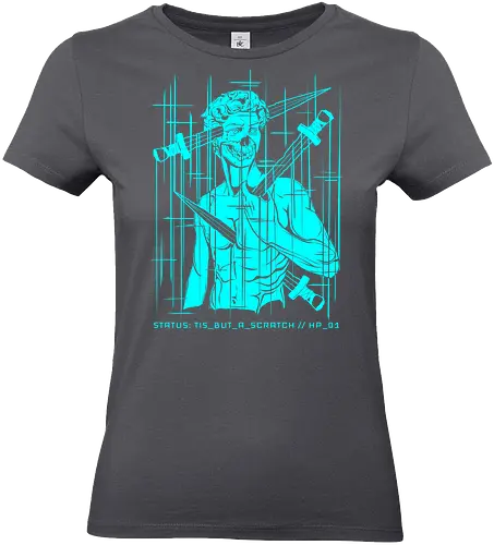 STATUS: TIS_BUT_A_SCRATCH // holy_grail.log - cyberpunk, gaming, gamer humor, tis but a scratch, 1 hp, dark art, glitch art, michelangelo david, geek, nerd, rrg.exe, system error, tech cynic, computer bug, vaporwave greece - Standard T-Shirt (Women)