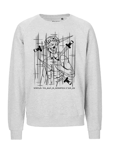 STATUS: TIS_BUT_A_SCRATCH // black_knight.exe - cyberpunk, gaming, gamer humor, tis but a scratch, 1 hp, dark art, glitch art, michelangelo david, geek, nerd, rrg.exe, system error, tech cynic, computer bug, vaporwave greece - Fairtrade Sweatshirt