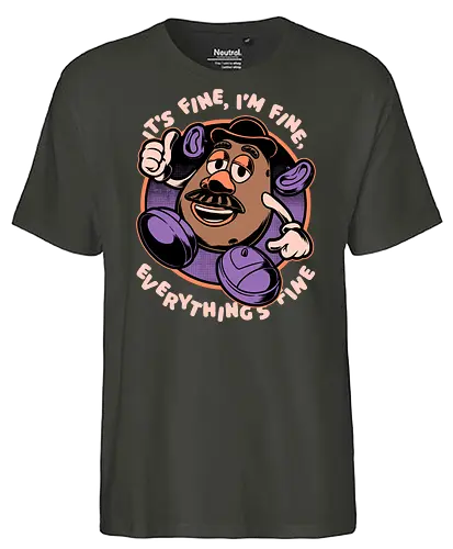 Movie Potato Fine Meme - Movie, Classic Movie, Animation, Classic Animation, Vintage Animations, Awesome, Cool, Fun, Funny, Irony, Sarcasm, Sarcastic, Internet, Meme, Memes, Tired, Existential Dread, Existence, Existential Crisis, Existential, Everything Is Fine, I'm Fine, This Is Fine, It's Fine, Fine, Potato - Fairtrade T-Shirt