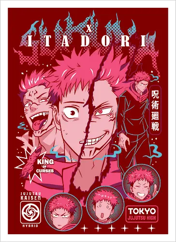 Sukuna Itadori JJK King of Curses Reigns - sukuna, yuji itadori, Jujutsu, king of curses, cursed energy anime, dual character art, jjk manga fan, dark shonen gift - Artprint
