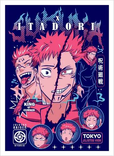 Sukuna Itadori JJK King of Curses Reigns - sukuna, yuji itadori, Jujutsu, king of curses, cursed energy anime, dual character art, jjk manga fan, dark shonen gift - Artprint
