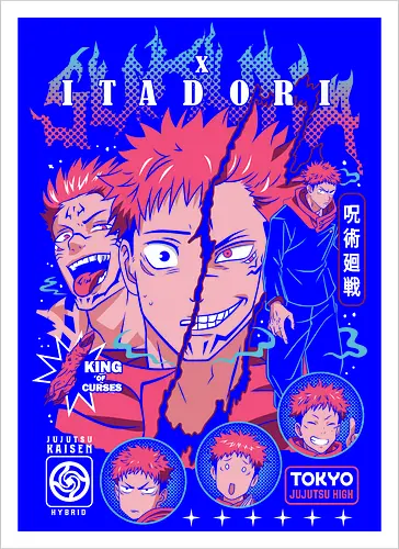 Sukuna Itadori JJK King of Curses Reigns - sukuna, yuji itadori, Jujutsu, king of curses, cursed energy anime, dual character art, jjk manga fan, dark shonen gift - Artprint