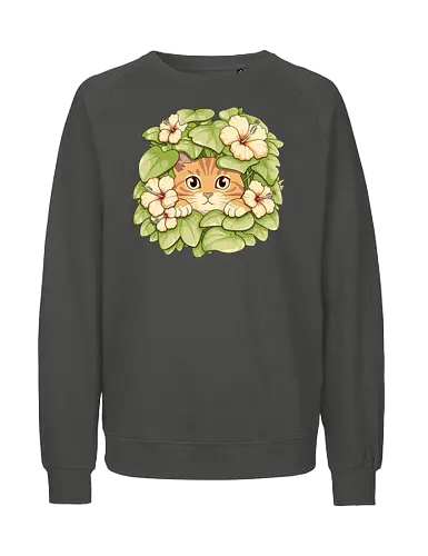 Garden Cat - cat, garden, botanical, plants, flowers, hibiscus, floral, nature, cottagecore, botanic, green, tropical, leaf, foliage, cute, kawaii, feline, pet, cozy, spring, illustration, aesthetic, vintage, whimsical, forest, bloom, peaceful, adorable, art, nursery - Fairtrade Sweatshirt