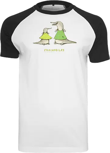 Zwei Graue Krokodile Bunte Kleider Süßes Wortspiel - Krokodile in bunten Kleidern, tierisches Wortspiel, Punkte Karo Krokodil, tierische Humor Illustration, handgefertigte Skizzen Kunst, süßes Mode Krokodil, kreativer Tier Druck, visueller Humor Tier, Krokodil Liebhaber Geschenk, lustiges Tier Shirt, limegrünes Krokodil, handgezeichnete Tier Kunst, englisches Tier Wortspiel, elegante Tier Illustration, kreativer Humor Druck - Raglan T-Shirt