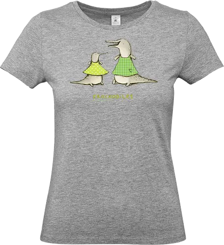 Zwei Graue Krokodile Bunte Kleider Süßes Wortspiel - Krokodile in bunten Kleidern, tierisches Wortspiel, Punkte Karo Krokodil, tierische Humor Illustration, handgefertigte Skizzen Kunst, süßes Mode Krokodil, kreativer Tier Druck, visueller Humor Tier, Krokodil Liebhaber Geschenk, lustiges Tier Shirt, limegrünes Krokodil, handgezeichnete Tier Kunst, englisches Tier Wortspiel, elegante Tier Illustration, kreativer Humor Druck - Standard T-Shirt (Women)
