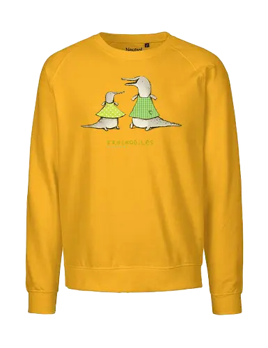 Zwei Graue Krokodile Bunte Kleider Süßes Wortspiel - Krokodile in bunten Kleidern, tierisches Wortspiel, Punkte Karo Krokodil, tierische Humor Illustration, handgefertigte Skizzen Kunst, süßes Mode Krokodil, kreativer Tier Druck, visueller Humor Tier, Krokodil Liebhaber Geschenk, lustiges Tier Shirt, limegrünes Krokodil, handgezeichnete Tier Kunst, englisches Tier Wortspiel, elegante Tier Illustration, kreativer Humor Druck - Fairtrade Sweatshirt