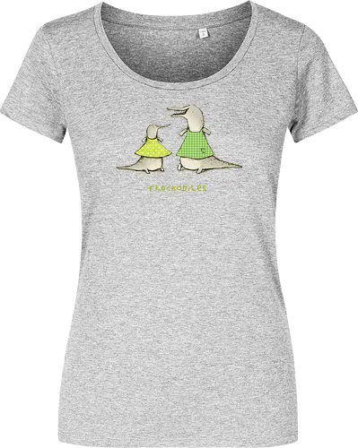 Zwei Graue Krokodile Bunte Kleider Süßes Wortspiel - Krokodile in bunten Kleidern, tierisches Wortspiel, Punkte Karo Krokodil, tierische Humor Illustration, handgefertigte Skizzen Kunst, süßes Mode Krokodil, kreativer Tier Druck, visueller Humor Tier, Krokodil Liebhaber Geschenk, lustiges Tier Shirt, limegrünes Krokodil, handgezeichnete Tier Kunst, englisches Tier Wortspiel, elegante Tier Illustration, kreativer Humor Druck - Women T-Shirt