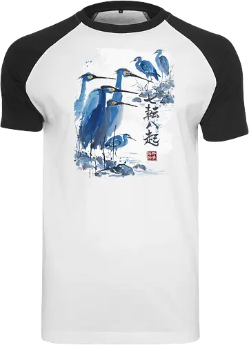 Japanischer Blaureiher – Sumi-e Vogelkunst Traditionelle Tuschemalerei - Japanischer Reiher, Blaureiher, Sumi-e, Japanische Kunst, Tuschemalerei, Vogelkunst, Zen, Naturmotiv, Aquarell, Minimalismus, Asiatische Kunst, Wandkunst, Vogel Illustration, Japan Stil, Wildlife - Raglan T-Shirt