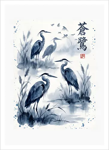 Blauer Kranich – Japanische Zen Aquarellkunst