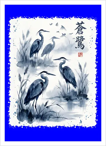 Blauer Kranich – Japanische Zen Aquarellkunst
