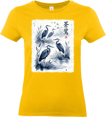 Blauer Kranich – Japanische Zen Aquarellkunst - Kranich, Japanischer Kranich, Sumi-e, Zen Kunst, Aquarell, Vogelkunst, Naturmotiv, Asiatische Kunst, Minimalismus, Wildlife, Wandkunst, Japan Stil, Tuschemalerei, Bird Art, Elegant - Standard T-Shirt (Women)