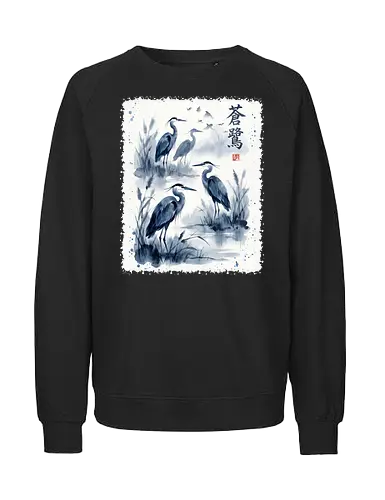 Blauer Kranich – Japanische Zen Aquarellkunst - Kranich, Japanischer Kranich, Sumi-e, Zen Kunst, Aquarell, Vogelkunst, Naturmotiv, Asiatische Kunst, Minimalismus, Wildlife, Wandkunst, Japan Stil, Tuschemalerei, Bird Art, Elegant - Fairtrade Sweatshirt