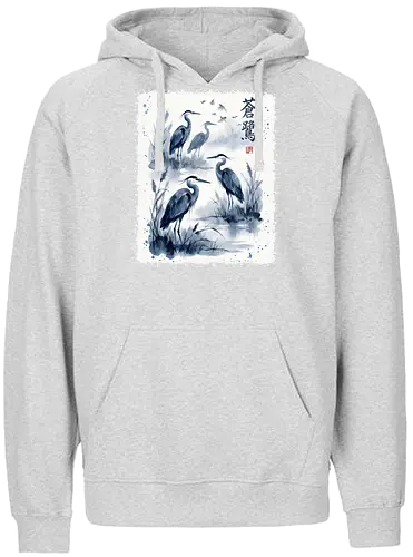 Blauer Kranich – Japanische Zen Aquarellkunst - Kranich, Japanischer Kranich, Sumi-e, Zen Kunst, Aquarell, Vogelkunst, Naturmotiv, Asiatische Kunst, Minimalismus, Wildlife, Wandkunst, Japan Stil, Tuschemalerei, Bird Art, Elegant - Fairtrade Hoodie