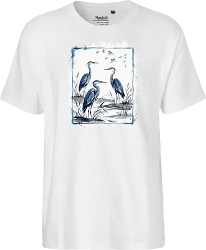 Minimalistischer Blaureiher – Japanische Aquarell Vogelkunst - Blaureiher, Reiher, Minimalismus, Japanische Kunst, Sumi-e, Aquarell, Vogelmotiv, Zen, Naturkunst, Asiatisches Design, Wildlife, Wandkunst, Ink Painting, Vogel Illustration, Japan Stil - Fairtrade T-Shirt
