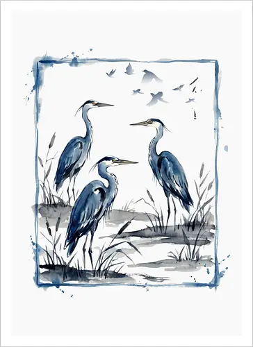 Minimalistischer Blaureiher – Japanische Aquarell Vogelkunst - Blaureiher, Reiher, Minimalismus, Japanische Kunst, Sumi-e, Aquarell, Vogelmotiv, Zen, Naturkunst, Asiatisches Design, Wildlife, Wandkunst, Ink Painting, Vogel Illustration, Japan Stil - Artprint