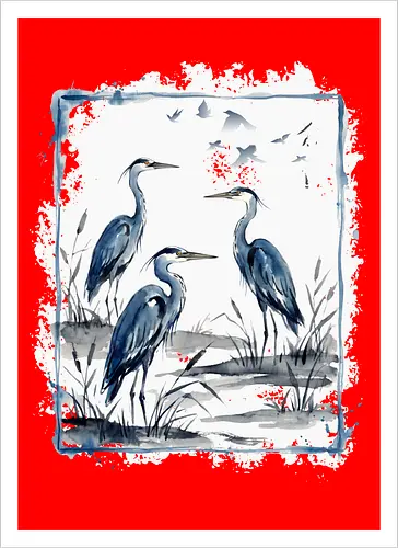 Minimalistischer Blaureiher – Japanische Aquarell Vogelkunst - Blaureiher, Reiher, Minimalismus, Japanische Kunst, Sumi-e, Aquarell, Vogelmotiv, Zen, Naturkunst, Asiatisches Design, Wildlife, Wandkunst, Ink Painting, Vogel Illustration, Japan Stil - Artprint