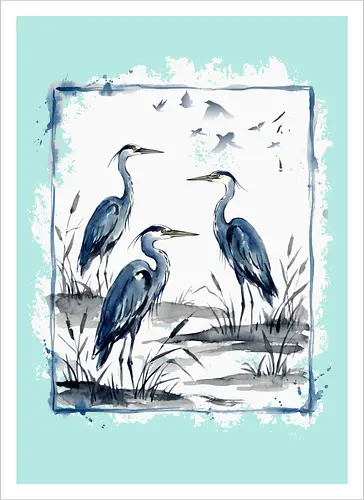 Minimalistischer Blaureiher – Japanische Aquarell Vogelkunst - Blaureiher, Reiher, Minimalismus, Japanische Kunst, Sumi-e, Aquarell, Vogelmotiv, Zen, Naturkunst, Asiatisches Design, Wildlife, Wandkunst, Ink Painting, Vogel Illustration, Japan Stil - Artprint