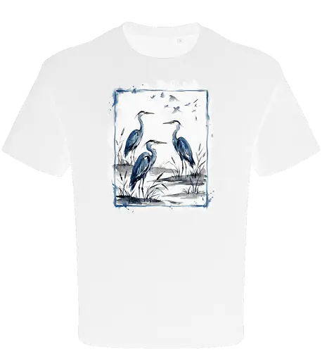 Minimalistischer Blaureiher – Japanische Aquarell Vogelkunst - Blaureiher, Reiher, Minimalismus, Japanische Kunst, Sumi-e, Aquarell, Vogelmotiv, Zen, Naturkunst, Asiatisches Design, Wildlife, Wandkunst, Ink Painting, Vogel Illustration, Japan Stil - Oversize T-Shirt