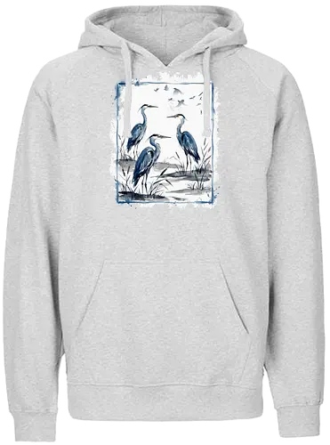 Minimalistischer Blaureiher – Japanische Aquarell Vogelkunst - Blaureiher, Reiher, Minimalismus, Japanische Kunst, Sumi-e, Aquarell, Vogelmotiv, Zen, Naturkunst, Asiatisches Design, Wildlife, Wandkunst, Ink Painting, Vogel Illustration, Japan Stil - Fairtrade Hoodie