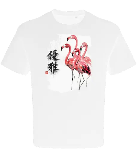Flamingos – Japanischer Zen Aquarellstil - Flamingo, Flamingos, Zen Kunst, Japanische Kunst, Aquarell, Sumi-e, Tropenvogel, Vogel Illustration, Naturmotiv, Minimalismus, Wildlife, Bird Art, Asiatische Kunst, Rosa Vogel, Wandkunst - Oversize T-Shirt